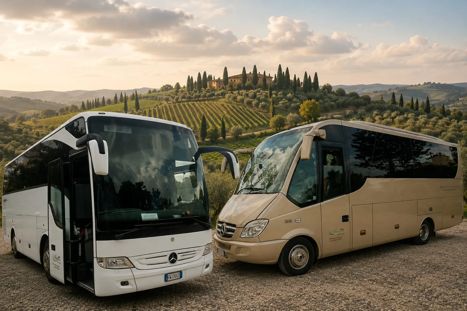 I due mezzi Munna Bus davanti alle colline toscane